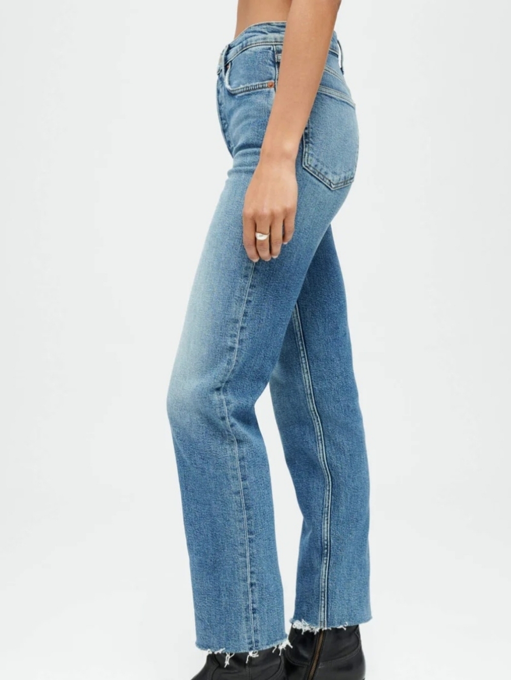 Re/Done Comfort Stretch High Rise Stove Pipe Jeans- In Medium Wash - Picture 4 of 13